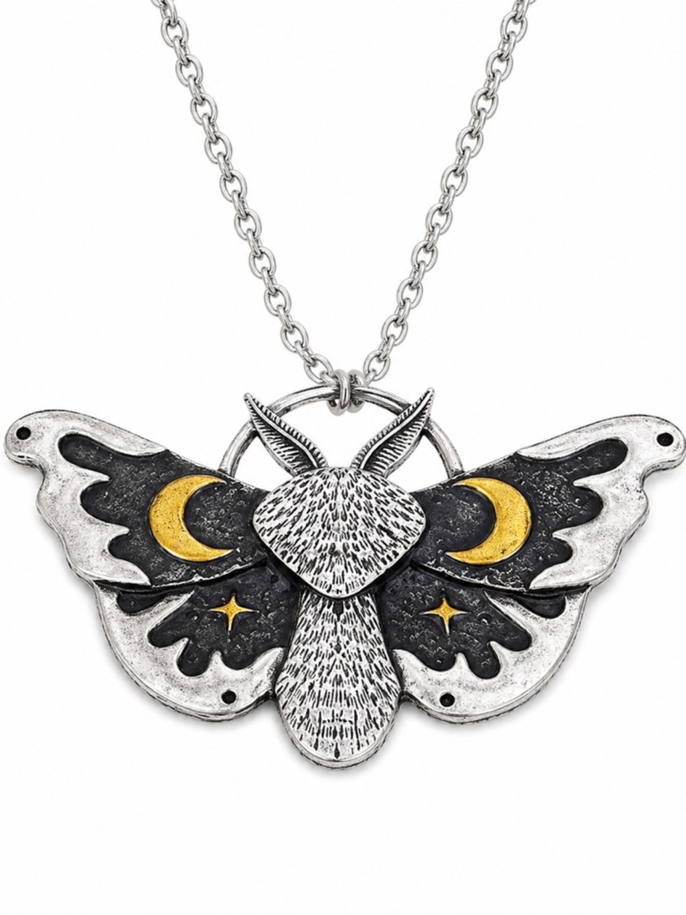 Gothic Moth Necklace - Crescent Moon Star Celestial Jewelry - Silver Chain